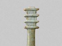 Aeg F 23  Aeg F 23, Spätzeit bis Römerzeit, Djed-Pfeiler, Hellgrüne Fayence, H 3,6 cm, B 1,2 cm, T 0,8 cm : Bestandskatalog Ägypten, Museumsfoto: Claus Cordes